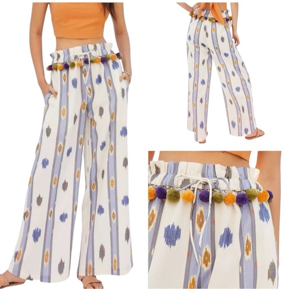 NOT 4 SALE Ollari Anthropologie Ikat Print Wide Leg Pom Pom Embellishment Pants - Picture 2 of 16